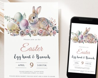 Pastel Easter Brunch Invitation, Easter Egg Hunt Invitation, Easter Party, Sunday Brunch Invitation, Easter Bunny Invite, Easter Eggs, H13