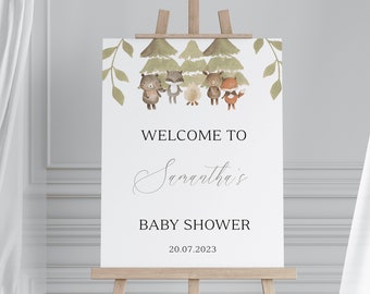 Välkomstskylt för babyshower i skogsmark, redigerbar välkomstskylt i skogsmark, skogsdjur, välkomstskylt för grönska i skogsmark, utskrivbar skylt, BBS20