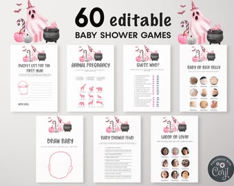 60 Editable Ghost Halloween Baby Shower Games Bundle, Pink A Little Boo Baby Shower Games Set, Girl Halloween Baby Shower Games Pack, BBS95