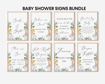 Conjunto de Placas para Chá de Bebê com Animais de Safári, Chá de Bebê com Tema de Safári na Selva, Chá de Bebê com Animais de Safári Verdes, Animais da Floresta, Placas de Safári, BBS22