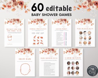 60 Editable Fall Baby Shower Games Bundle, Baby Prediction, Baby Bingo, Fall Floral Baby Shower, Winter Baby Shower Games, Floral, BBS114