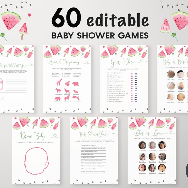 Editable 60 Pink Watermelon Baby Shower Games Bundle, Watermelon Baby Shower Games, Sweet Little Melon Baby Shower, Coed Baby Shower, BBS79