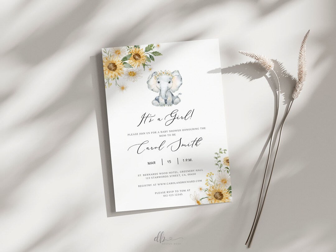 Editable Sunflower Elephant Baby Shower Invitation Templet, Girl