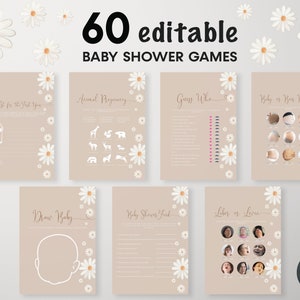 60 bewerkbare Daisy Baby in Bloom Baby Shower Party Games-bundel, Boho Daisy Baby Shower Games, beige minimalistische babyshowergames, BBS62