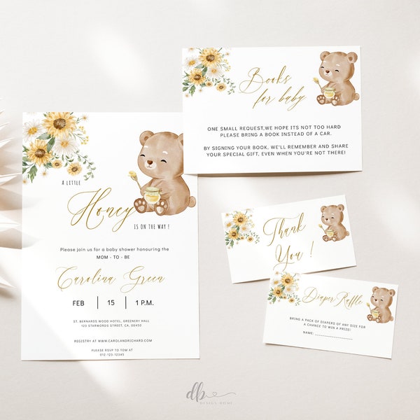 A Little Honey Is On The Way Invitation Bundle, Honey Bear Baby Shower, Honeybee baby, Sunflower baby shower, Teddy Bear Baby Shower, BBS17