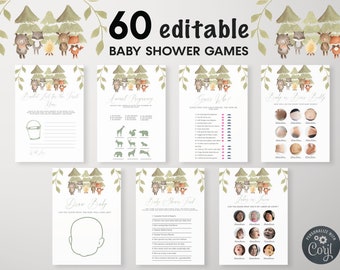 May include: 60 printable baby shower games featuring woodland animals. The games include "Guess Who", "Baby in Your Belly", "Animal Pregnancy", "Toilet Paper for the First Year", "Draw Baby", "Baby Shower Food", "John or Jane", and "Guess Who Said It".