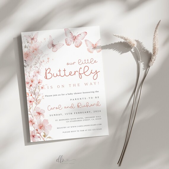 Editable Our Little Butterfly Is On The Way Invitation, Boho Butterfly Baby Shower Invitation, Wildflower Boho Baby Shower Invite, BBS107