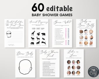 Editable Minimalist Baby Shower Games Bundle, Simple Baby Shower Game Pack, Gender Neutral, Modern Baby Shower Games, Black and White, BBS55