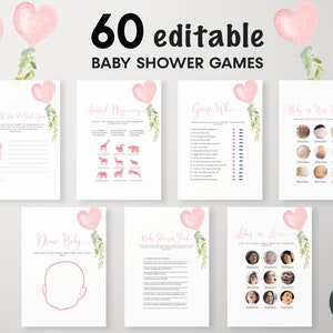 Pacchetto di giochi modificabili per baby shower &quot;A Little Sweetheart&quot;, Palloncino a forma di cuore rosa, Giochi per baby shower di San Valentino, Giochi per baby shower per bambine, BBS103