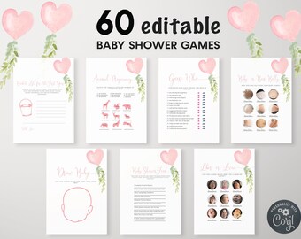 Editable A Little Sweetheart Baby Shower Games Bundle, Pink Heart Balloon, Valentine Baby Shower Games, Girl Baby Shower Games, BBS103
