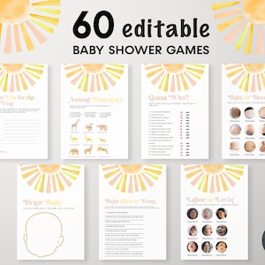 Editable Sunshine Baby Shower Games Bundle, Coed Baby Shower Games, Here comes the Son, You are my Sunshine, A little Ray of Sunshine, BBS73