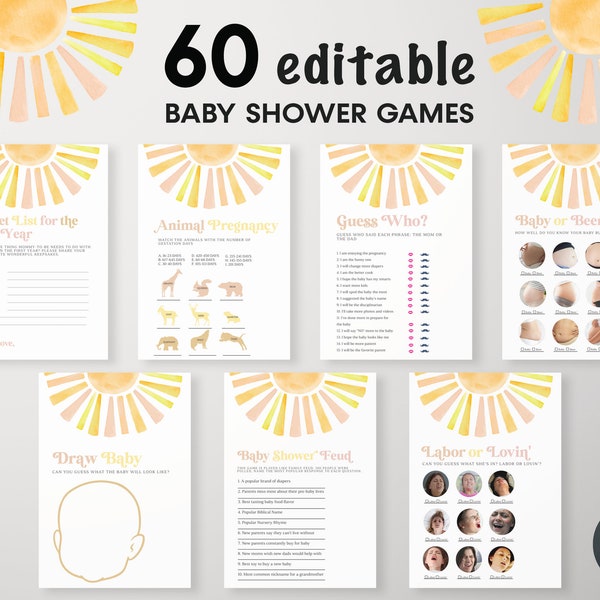 Editable Sunshine Baby Shower Games Bundle, Coed Baby Shower Games, Here comes the Son, You are my Sunshine, A little Ray of Sunshine, BBS73