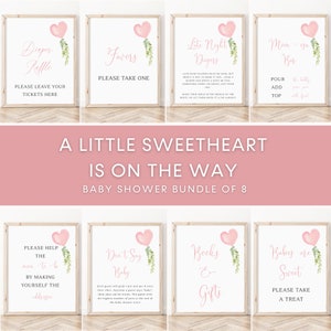 A Little Sweetheart Baby Shower Signs Bundle, Pink Heart Balloon Sign, Love Sign, Valentine Baby Shower Sign, Baby Girl Shower Decor, BBS103