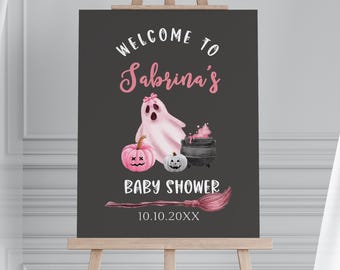 編集可能な「Oh Sheet It's a Ghoul」ベビーシャワーウェルカムサイン、ピンクのハロウィンベビーシャワーウェルカムサイン、女の子のゴーストハロウィンベビーシャワーデコレーション、BBS96