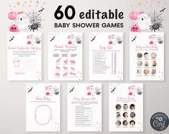 60 Editable Pink A Little Boo Baby Shower Games Bundle, Baby Girl Halloween Baby Shower Games, Cute Ghost Baby Shower, Girl Games Set, BBS92