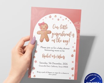 Editable Pink Gingerbread Baby Shower Invite Template for Baby Girl, Gingerbread baby shower, Christmas baby shower, BBSC1