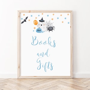 Blue A Little Boo Baby Shower Books and Gifts Sign, Ghost Halloween Baby Shower Sign, Boy Halloween Signs, Halloween Gift Sign, BBS91