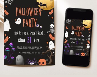 Editable Halloween Party Invitation, Kids Spooky Night Party, Birthday Invitation, Spooktacular Night, Halloween Invite, Corjl Template, H19
