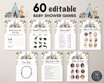May include: A set of 60 printable baby shower games with a woodland theme. The games feature a blue and white teepee with animals like a fox, deer, raccoon, and bear. The games include "Bucket List for the First Year", "Animal Pregnancy", "Guess Who?", "Baby on Beer Belly", "Draw Baby", "Baby Shower Jud", and "Labor or Lovin'"