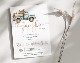 Editable Pumpkin Baby Shower Invitation, Blue Truck with Orange Pumpkins, Fall Baby Shower Invite, BBS124