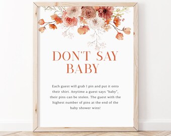 Fall Baby Brunch Dont Say Baby Sign, Fall Baby Shower Sign, Orange Floral Baby Sign, Winter Baby Shower Decor, Fall Shower Games, BBS114