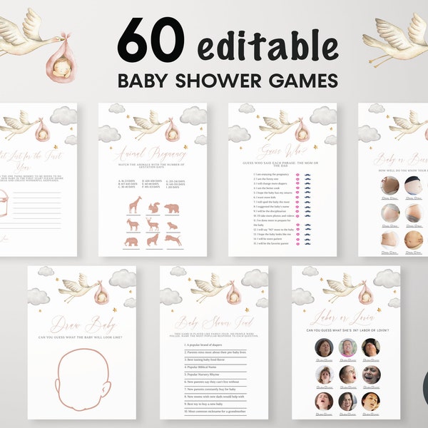 Editable 60 Stork Baby Shower Games Bundle for Baby Girl, Special delivery baby shower, Stork with baby in blanket, Coed Baby Shower, BBS78