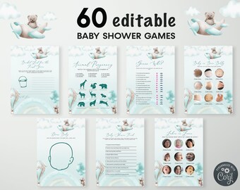 May include: A set of 60 editable baby shower games with a watercolor theme. The games include "Bucket List for the First Year," "Animal Pregnancy," and "Guess Who?" The design features teddy bears, airplanes, and pastel colors.