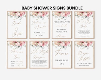 Könnte beinhalten: Ein Satz von acht druckbaren Babyparty-Schildern mit Blumendesigns. Die Schilder tragen Titel wie "Bücher & Geschenke", "Babys sind süß", "Bitte hilf der werdenden Mama", "Sag nicht Baby", "Mimosabar", "Späte Nachtwindeln", "Geschenke" und "Windeltombola".