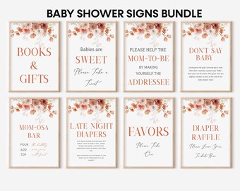 Fall Baby Brunch Late Night Diapers Signs Bundle of 8, Fall Baby Shower Signs, Orange Floral Baby Signs, Winter Baby Shower Decor, BBS114