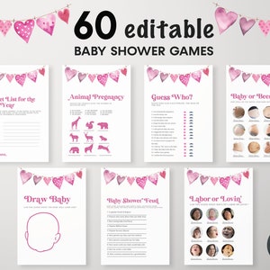 Pacchetto di 60 giochi modificabili per baby shower di San Valentino, pacchetto di giochi per baby shower per bambine, baby shower &quot;Un piccolo tesoro&quot;, amore e cuori, BBS105