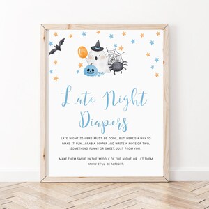 Blue A Little Boo Baby Shower Late Night Diapers Sign, Ghost Halloween Baby Shower Sign, Boy Halloween Signs, Halloween Gift Sign, BBS91