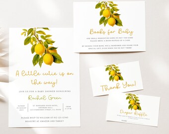 Editable A Little Cutie is on the Way Invite Bundle, Citrus Baby Shower, Lemon Invite, Lemon Thankyou Card, Lemon Diaper Raffle, BBS113