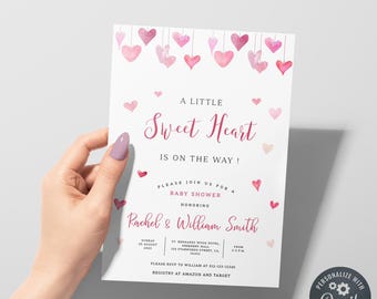 Editable Valentine Baby Shower Invitation | A Little Sweetheart Theme | Pink & Red Hearts | Girl Baby Shower | Love-Themed Invite | BBS132