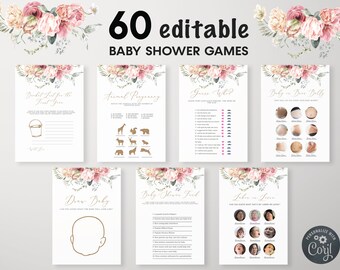 Könnte beinhalten: Ein Set mit 60 druckbaren Babyparty-Spielkarten mit einem floralen Design mit rosa und pfirsichfarbenen Blumen. Die Karten beinhalten Spiele wie "Bucket List for the First Year", "Animal Pregnancy", "Guess Who", "Baby or Mom's Belly", "Draw Baby", "Baby Shower Trivia" und "Labor or Love".