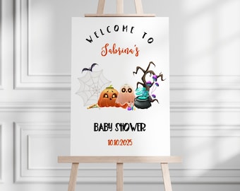 Editable Halloween Baby Shower Welcome Sign, Cute Pumpkin Baby Shower Welcome, Cute Ghost & Spider Baby, October Baby Shower, BBS93
