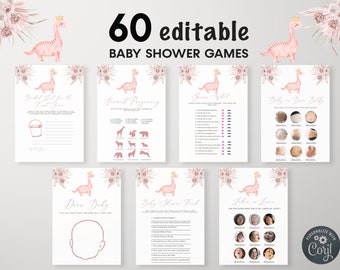 May include: 60 printable baby shower games featuring a pink dinosaur with a crown. The games include "Bucket List for the Just You", "Animal Pregnancy", "Guess Who?", "Baby or Bear Belly", "Draw Baby", "Baby Shower Find", and "Labor or Love".