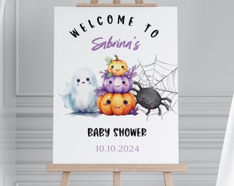 Editable Halloween Baby Shower Welcome Sign, Simple Halloween Baby Shower Welcome, Girl Ghost  Welcome, Pumpkin Welcome Sign, BBS97