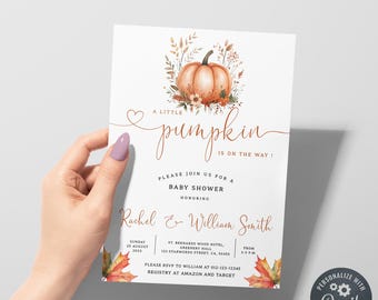 Editable Pumpkin Baby Shower Invitation, Autumn Leaves & Flowers, Fall Baby Shower Invite, Rustic Baby Shower Card, Printable Invite, BBS123
