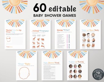 Könnte beinhalten: Ein Set mit 60 druckbaren Babyparty-Spielen mit einem Aquarell-Sonnenstrahlen-Design in Orange-, Gelb- und Blautönen. Die Spiele beinhalten "Bucket List for the First Year", "Animal Pregnancy", "Guess Who?", "Baby or Beer Belly", "Draw Baby", "Baby Shower Feud" und "Labor or Lovin'".