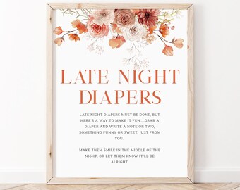 Fall Baby Brunch Late Night Diapers Sign, Fall Baby Shower Sign, Orange Floral Baby Sign, Winter Baby Shower Decor, Rustic Orange, BBS114