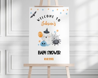 Editable Blue A Little Boo Baby Shower Welcome Sign, Cute Ghost Halloween Baby Shower Welcome, Boy Halloween Baby Shower Welcome, BBS91