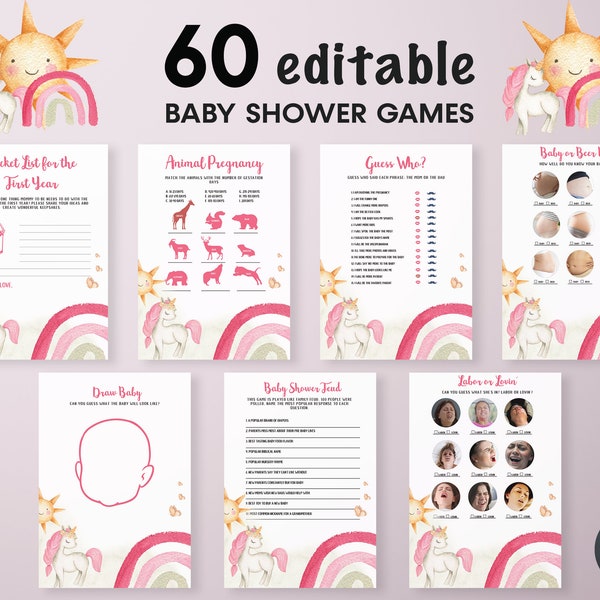 Unicorn Baby Shower Editable Games Bundle of 60, Unicorn Rainbow Shower Games, Pink Unicorn, Summer Unicorn Baby Shower, Baby Girl, BBS03