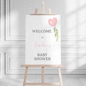 Panneau de bienvenue modifiable pour une baby shower, un ballon coeur rose, bienvenue pour la Saint-Valentin, baby shower fille, BBS103