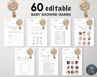 May include: A collection of 60 editable baby shower games. The design features a hot air balloon with a teddy bear in a basket, and the text "60 editable BABY SHOWER GAMES". Each game card has a unique design and theme.
