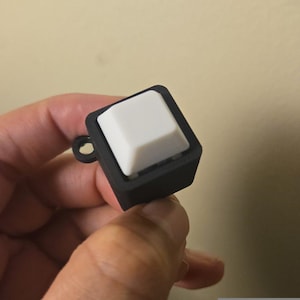 May include: A black square keychain with a white button. The button is raised and centered within the black square. The keychain has a small loop for attachment.