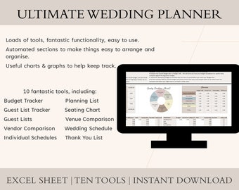 May include: A computer screen displaying a wedding planner spreadsheet with 10 tools, including a budget tracker, planning list, guest list tracker, seating chart, guest lists, venue comparison, vendor comparison, wedding schedule, individual schedules, and a thank you list. The text "ULTIMATE WEDDING PLANNER" is at the top of the screen. The text "EXCEL SHEET | TEN TOOLS | INSTANT DOWNLOAD" is at the bottom of the screen.