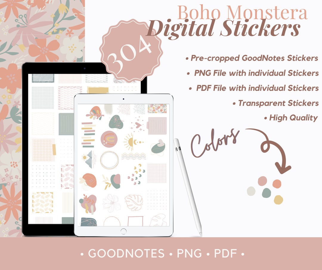 Boho Goodnotes Stickers, 304 Pre-cropped PNG Stickers for Journals ...