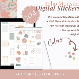 Adesivos Boho Goodnotes, 304 adesivos PNG pré-cortados para diários e planejadores, pacote de adesivos OneNote, planejadores diários, download instantâneo