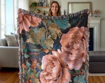 Pink Floral Woven Cotton Throw Blanket, Vintage Style