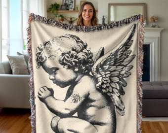 Tapestry Blanket | Black & Cream Cherub Angel Woven Throw with Fringed Edges, Heavenly Home Decor, Woven Cherub Throw, Vintage Style Textile